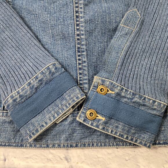 Liz Claiborne Denim Jean Jacket Knit Sleeves Shawl Collar Pocket Cuff Trim sz 14 - Picture 16 of 16